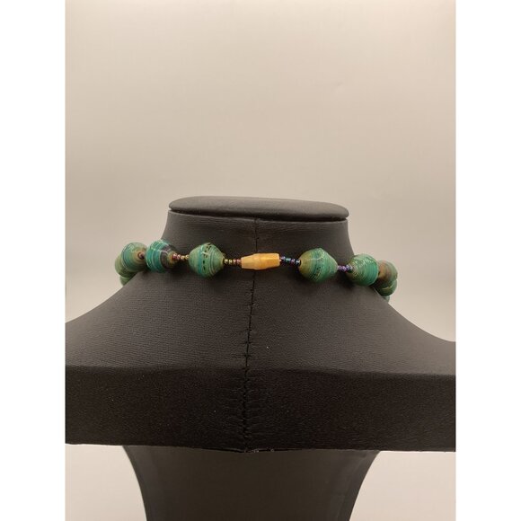 Handcrafted 25" Green Paper Bead Necklace With Wood Accent - Picture 3 of 4